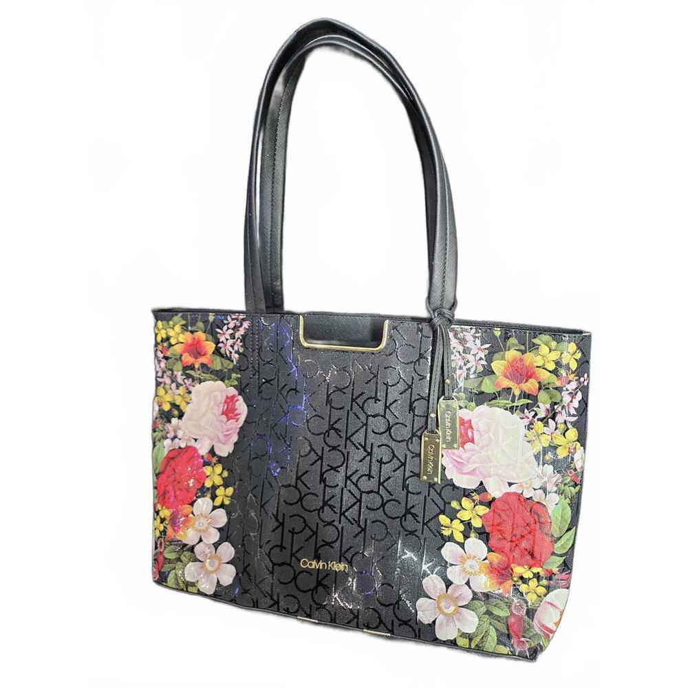 Calvin Klein CK Monogram Floral Tote Black Pink Gold Hardware Statement Bag